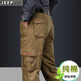 吉普（JEEP）休闲裤男纯棉宽松直筒工装裤男春秋季新款多口袋大码男士长裤子 卡其色(厚款) 32