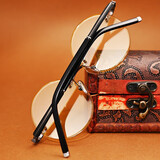 箫秒水晶石天然石头眼镜清凉养目养眼男女开车太阳镜复古圆形石头镜片 硅胶枪色架+竹叶青镜片