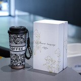 俯界（FUJIE)保温杯陶瓷内胆双饮水杯铃兰花高颜值咖啡杯车载茶杯 花语系列简约款黑 陶瓷内胆+礼盒装【500ml】