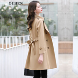 OUHEN品牌女装中长款风衣女2024春秋新款修身小个子显高气质英伦风外套 卡其色 M 80-108斤左右