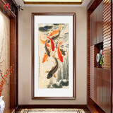 良木新中式九鱼图入户玄关装饰画正对门竖版走廊过道背景墙挂画壁画 F-九鲤送福图 50*100cm 田园柚木框-玻璃画