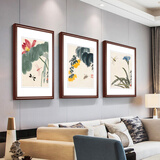 佑圣齐白石荷花客厅装饰画新中式沙发背景墙壁画挂画餐厅梅兰竹菊国画 齐白石荷花A款三联田园柚木色【实木框 】  50*70cm