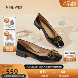 NINE WEST/玖熙低跟单鞋牛漆皮浅口方头金属饰扣工作女鞋NF445006FK 黑色38