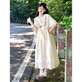 紫蒙连衣裙夏季2024新款法式长裙学生少女高中初中生女生衣服裙子夏天 时尚韩版杏色 均码（可备注码数）