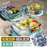 创得耐热玻璃保鲜盒 高硼硅微波炉烤箱便当盒密封玻璃碗饭盒套装 绿圆480+隔720+三隔1020+包+餐具