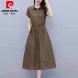 皮尔卡丹（pierre cardin）纯棉连衣裙女2024夏季新款时尚减龄显瘦气质百搭休闲中长裙子 咖啡色 L:建议100-115斤