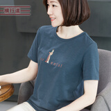 横行道2026夏季新款简约圆领印花白色宽松T恤女短袖打底衫上衣服打底 牛仔蓝 L