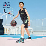 鸿星尔克（ERKE）男童中大童训练服套装儿童运动篮球无袖套装正黑160