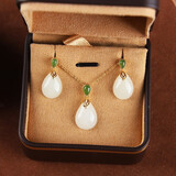 森宝莱和田玉耳环女 羊脂白玉水滴耳坠 妈妈款玉石耳饰 送人礼物 耳坠吊坠套装