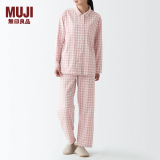 无印良品 MUJI 女式无侧缝双层纱织睡衣纯棉全棉 FDA20C1A 女士家居服套装 粉红色格纹 S-M