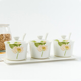 金岚玉骨瓷调料罐三件套带骨瓷托盘调料罐子3个套装调味罐 出水芙蓉-调料罐三件套