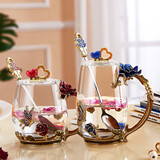 诺诗曼结婚礼物送新人实用高颜值玻璃杯女生水杯女士泡茶杯珐琅杯子生日 挚爱透明矮红高蓝组合盖勺礼盒装