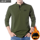 吉普（JEEP）长袖t恤男春秋季新款宽松运动休闲大码卫衣纯色大码棉质上衣男 军绿色加绒款 M(建议120-135斤)