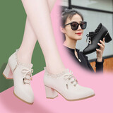 古奇天伦2025秋季新款单鞋女简约粗跟复古女鞋纯色休闲高跟鞋子  米色 38