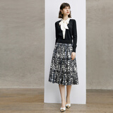 颜域中长款时尚半身裙女2024新款秋装通勤裙子气质半裙高腰A字裙 黑白花 S/36