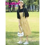 紫洛妮少女连衣裙女初中生夏装2026新款高中学生学院风中长背带套装裙子 黑色上衣+卡其色 M