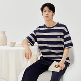 顶瓜瓜睡衣情侣短袖七分裤纯棉条纹家居服套装圆领睡衣 深域蓝条男 170