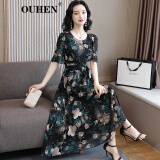 OUHEN品牌女装 碎花雪纺连衣裙女 夏季新款短袖收腰气质长款碎花裙 绿色 3XL