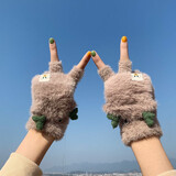 浩冠 手套女冬季加绒翻盖半指秋冬天学生卡通韩版保暖写字可爱手套