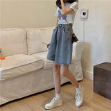 爱图荣夏季2021新款韩chic高腰显瘦牛仔五分裤女学生百搭阔腿短裤潮 697浅蓝色裤子+腰带 M【建议100-110斤】