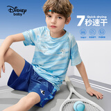 迪士尼（Disney）童装男童女童中裤短袖t恤套装儿童2024夏季新款时尚两件套 蓝色科技线条【男童速干】 150