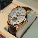 卡罗莱（CALUOLA）全自动机械表男士手表镂空飞轮真皮带男款手表防水学生潮流时尚 金白棕皮 CA1064M-2 飞轮款