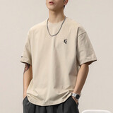 后琤重磅短袖t恤男夏季潮牌2023新款宽松男装大码男士刺绣体恤上衣服 米杏色 M（115-130斤）