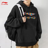 李宁（LI-NING） 卫衣男秋季潮流百搭连帽加绒卫衣休闲宽松连帽衫加厚外套 黑色-彩标【加绒款】 XL