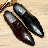 村哥牛皮男士皮鞋真皮商务布洛克正装皮鞋尖头英伦雕花男鞋 黑色 40