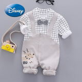 迪士尼（Disney）春秋1-3个月6新生婴儿长袖绅士哈衣宝宝连体衣服男童周岁礼服百天 浅灰色 格子灰色背带长袖 73cm 建议14-18斤左右