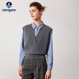 Navigare意大利小帆船女士全羊毛背心宽松休闲V领毛衣2334964501 灰 M 