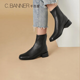 千百度女鞋简约气质骑士靴新款女靴中跟短靴方头加绒瘦瘦靴潮流 黑(绒里) 36