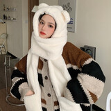 浩冠 小熊护耳朵帽子女冬季可爱冬天毛绒围巾连帽一体韩版秋冬天百搭保暖潮 升级款带手套-奶白色 帽子围巾一体