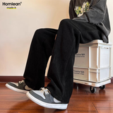 Homlean日系文艺休闲裤男秋季纯色灯芯绒保暖直筒垂感长裤子8302黑色L