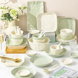 铭亦餐具套装高温釉下彩陶瓷碗盘餐具整套奶黄奶绿10人食48件
