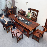 老船木茶桌椅组合客厅办公室一体中式茶台全实木家用套装简约茶几 1.6米桌+4靠背椅1船舵椅