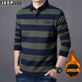 吉普（JEEP）长袖t恤男纯棉宽松秋冬新款翻领男士时尚条纹体恤衫大码男装上衣 军绿色 加绒 2XL (建议体重165-180斤)