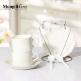 Mongdio欧式陶瓷咖啡杯套装 小精致创意拿铁杯 家用挂耳美式杯碟2件套 纯白（2杯2碟2勺+银色心形杯架）