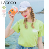 lagogo拉谷谷2023年夏季款绿色圆领卡通印花白色短袖T恤女百搭 浅绿色(L8) S (155)