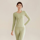 好波男秋衣套装素色棉氨高弹性圆领薄款打底内衣女修身秋衣秋裤HLL3.0 女士-暖绿 L (165)