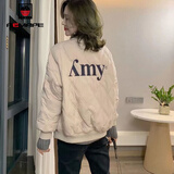 AEMAPE外套女2025春秋冬季新款棉服小个子菱形格棒球服短外套女装上衣 米白色 L _100-115斤