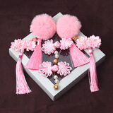 菱梦 新年发饰6件套 儿童古风汉服 古装演出配饰 红色毛球流苏发夹 粉色6件套装