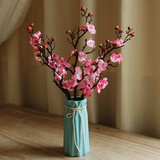 凉笙 仿真花梅花客厅腊梅套装假花家居摆件书房装饰盆栽花艺套装 5支粉色梅花+淑女小号蓝色花瓶
