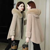 三礼高端品牌女装皮草女中长款新款羊剪绒大衣复合皮毛一体外套 贡米 M