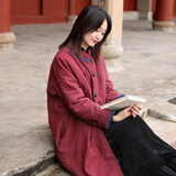 乱在江南棉麻加厚夹棉民族风棉服女中长款冬季新品古典宽松花苞型外套 酒红色 均码