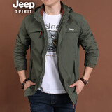 JEEP SPIRIT 吉普夹克男士外套工装春秋季加绒休闲运动加厚大码宽松外套男冬季上衣潮户外衣服 军绿-薄款 XL