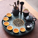 陶尚吟陶瓷天然石材茶台储排水两用式现代简约家用办公小茶盘功夫茶具 莲花木纹石书窗红黑陶美人壶套装