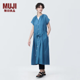 无印良品（MUJI）女式 强捻法国袖连衣裙 女装裙子夏季纯棉全棉衬衫连身裙BC2JGC4S 蓝色 L(165/88A)