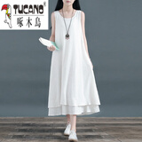 啄木鸟双层苎麻背心长裙夏季新款文艺a字无袖棉麻吊带连衣裙 白色 L【建议105-125斤】