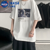 忆克萨男士宇航员短袖潮牌T恤ins港风半袖衣服新款五分袖宽松秋季男套装 单件【白色】 L 【关注店铺优先发货】